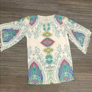 Boston Proper Colorful Patterned Dress with Bell Sleeves SZ XS